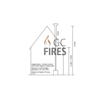 (2,3) Single story - Double volume flue kit - 130-180mm, 4.5m, ceiling 30-45 degree angle - closed combustion fireplace