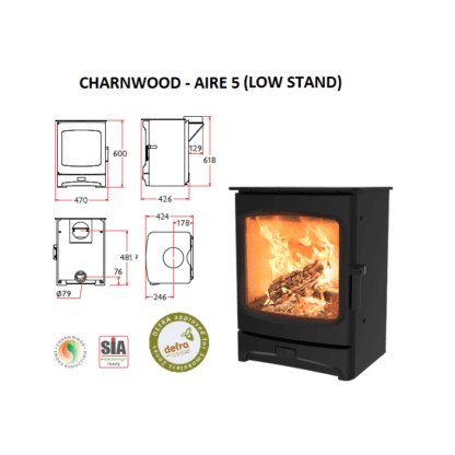 Charnwood Aire 5 low store stand - dimensions - SIA Eco design closed combustion fireplace