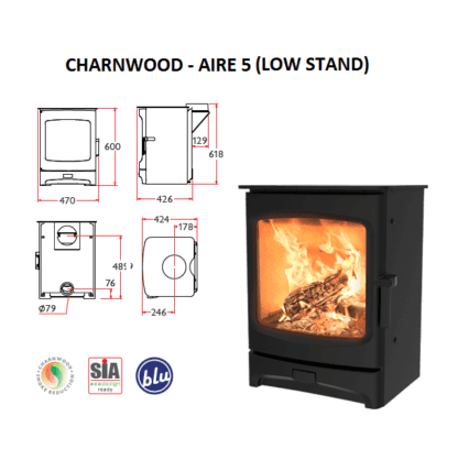 Charnwood Aire 5 low store stand - dimensions - SIA Eco design closed combustion fireplace