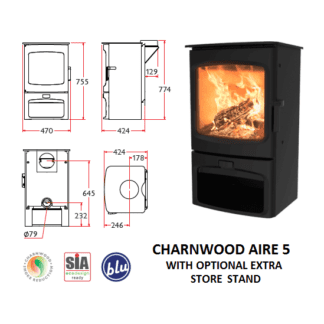 Charnwood Aire 5 store stand dimensions- SIA Eco design closed combustion fireplace