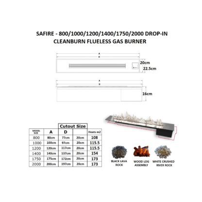 GC Fires - SAFire 800-1000-1200-1400-1750-2000 Drop-in gas burner - Black - cleanburn flueless gas burner (6)